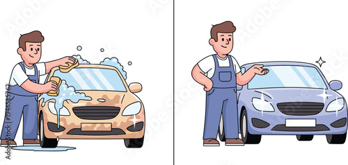 Man washing dirty car and showing clean shiny vehicle cartoon illustration representing car cleaning process auto care service before and after concept