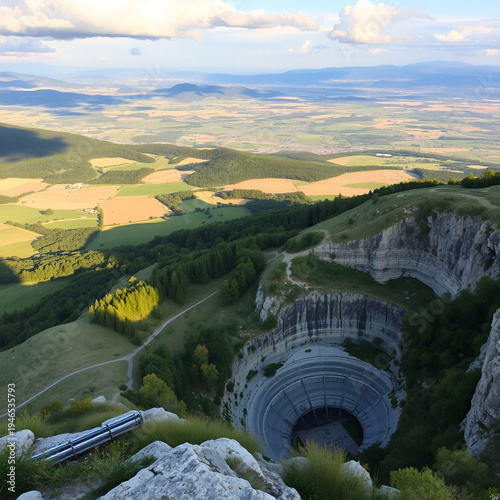 Great landscape on the Padana plain in summer time and the concrete quarry. Panorama from Linzone Mountain, Bergamo, Italy.