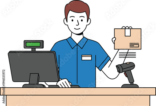 Retail cashier scanning package barcode at checkout counter using scanner and computer point of sale system store service illustration