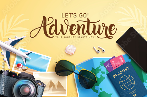Travel Adventure elements clipart banner design. Let's go Adventure text clip art with camera, location map, passport, mobile phone, sunglasses, pictures and airplane traveler elements in simple 
