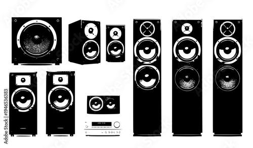  Set of audio speaker systems and subwoofers in flat vector style, collection of sound equipment icons for music and technology design
