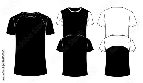  Set of t shirt mockups with front back and sleeve views, black and white apparel templates in flat vector style isolated on light background