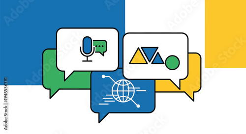 Communication speech bubbles with icons.