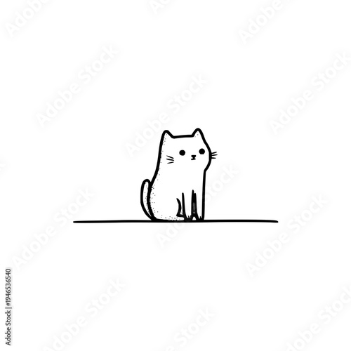 Cute white cartoon cat sitting on ground looking around curiously in black outline on plain background