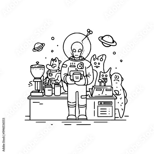 Astronaut with cats in space themed kitchen planets and gadgets around