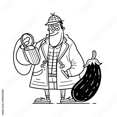 Cartoon detective holds magnifying glass and large eggplant mystery solving