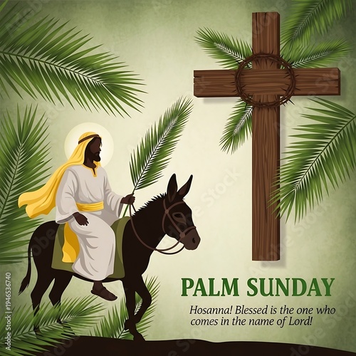 Jesus rides a donkey on palm sunday with a cross
