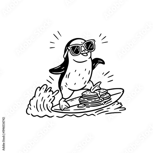 Smiling penguin wearing sunglasses rides surfboard with pancakes in a fun and playful black and white illustration