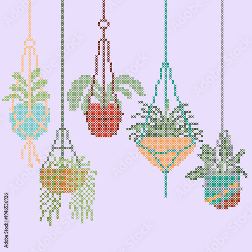 Cross stitch embroidery illustration of hanging indoor plants in colorful macrame pots on a light purple background.