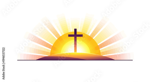 A vector graphic of a radiant sunrise behind a cross on a hill, symbolizing hope and new beginnings