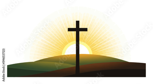 Vector illustration of a Christian cross silhouette against a rising sun over rolling hills, symbolizing hope and resurrection