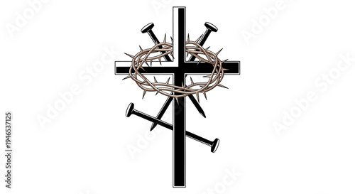 Vector illustration of a Christian cross adorned with lilies, symbolizing resurrection and Easter