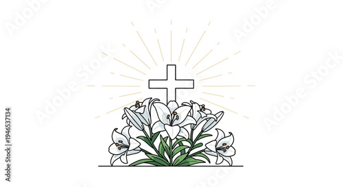 Beautiful Easter vector art showcasing a glowing spiritual cross with pure white lilies, symbolizing resurrection, hope, and new beginnings
