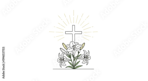 Elegant vector illustration depicting a radiant Christian cross surrounded by graceful lilies, symbolizing Easter resurrection, spiritual renewal, and divine hope, perfect for religious design