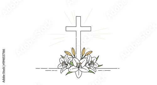 Stylized vector illustration celebrating Easter and resurrection, featuring a glowing cross with delicate lilies, symbolizing faith and new life