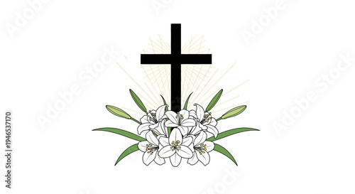 Divine Easter resurrection cross and white lilies vector illustration with radiant light, symbolizing faith and new life, perfect for spiritual designs