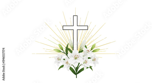 Elegant flat 2D vector illustration featuring a Christian cross with radiant light and white lilies, symbolizing faith, resurrection, and peace, ideal for spiritual design projects