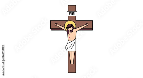 Flat 2D vector illustration of a religious cross with Jesus Christ, symbolic of faith and resurrection