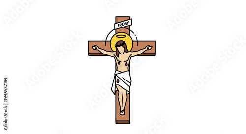 Flat 2D vector illustration of Jesus Christ on the cross, a powerful Christian religious icon representing faith, sacrifice, and salvation. Perfect for spiritual themes