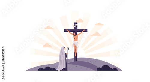 Flat 2D vector poster illustration depicting the solemn scene of the crucifixion on Good Friday, a significant religious event