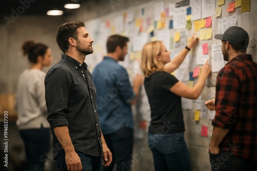 Business team brainstorming with colorful sticky notes on wall