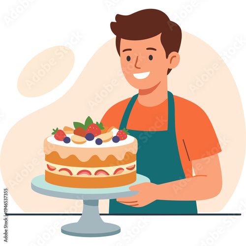 A man in an apron holds a decorated cake with fruits on top.