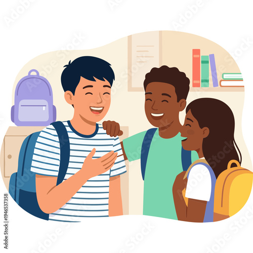 Teenagers chatting happily together in a classroom with backpacks on