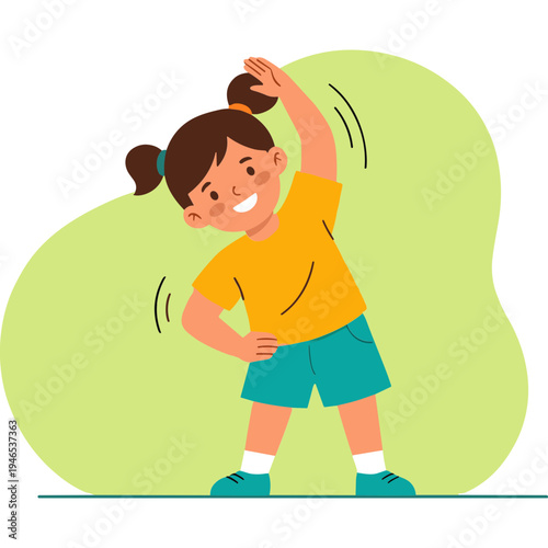 A joyful young girl stretching her arm up while smiling widely outdoors