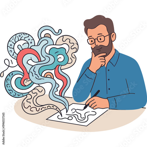 A man sits at a desk, lost in thought as colorful brain waves swirl around him.