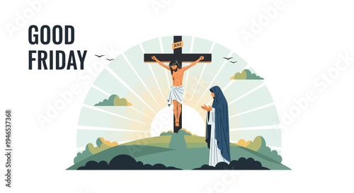 Flat vector illustration of the Good Friday crucifixion, depicting Jesus Christ on the cross with Virgin Mary, a sacred symbol of sacrifice and redemption