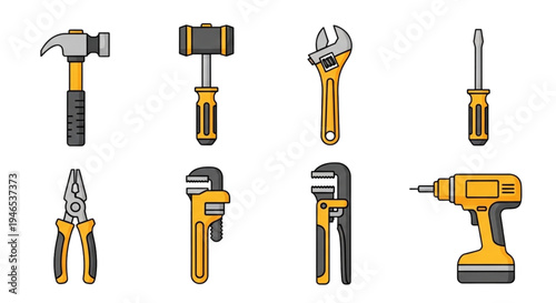 Construction and repair tools collection with hammer drill wrench and pliers