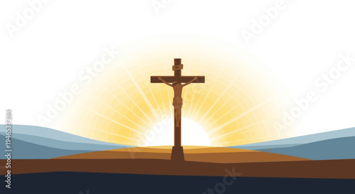 Vector illustration depicting the crucifixion of a figure on a cross at sunrise, symbolizing faith, hope, and new beginnings on a stylized landscape