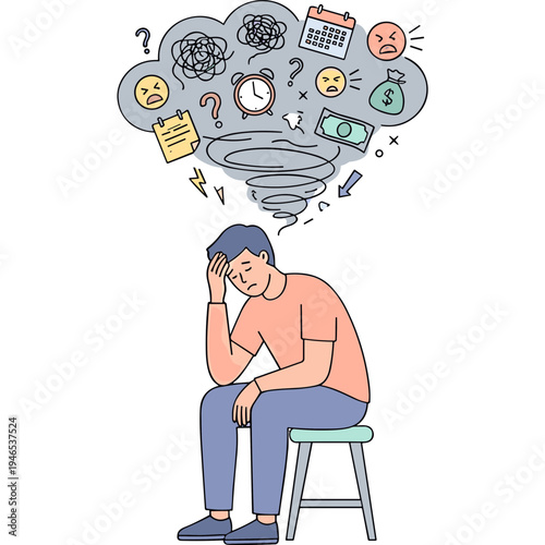 A stressed man sits on a stool with a swirling thought bubble above his head filled with various anxious symbols.