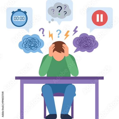 A frustrated man sits at a desk overwhelmed by thoughts and symbols.