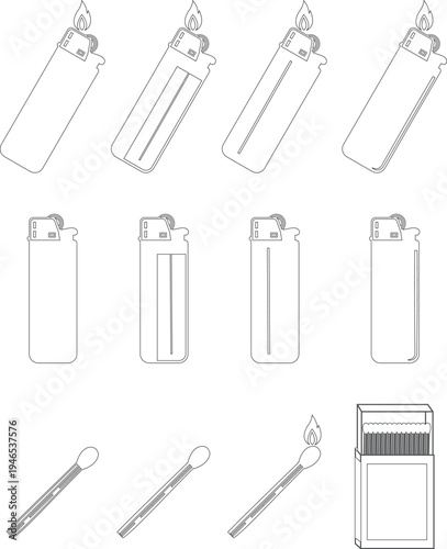 Lighter and matchstick icons set burning flame lighter, match stick fire symbols for ignition, smoking accessory, camping fire starter vector illustration silhouette outline collection group