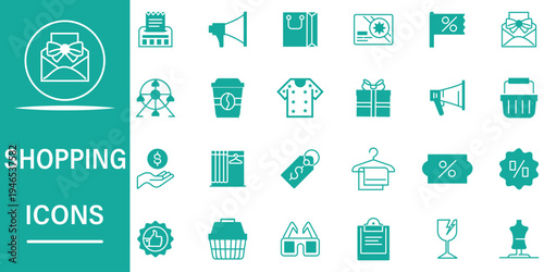 Shopping icon set. Containing credit card, discount tag, barcode scanner, payment, and more. Vector illustration.
