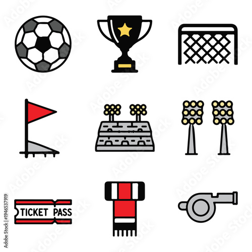 A set of soccer icons including a ball, trophy, goal, flag, stadium, lights, ticket, scarf, and whistle on a white background, perfect for sports-related designs and presentations.