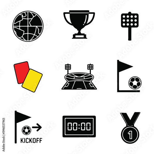 A collection of black and white soccer icons including a globe, trophy, floodlight, cards, stadium, flag, soccer ball, kickoff signal, scoreboard, and medal on a white background.