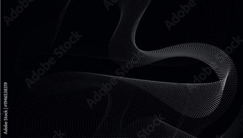 An abstract digital art composition featuring a flowing ribbon of white particles on black space