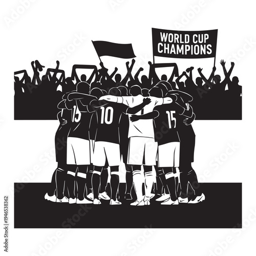 A black and white illustration of a soccer team celebrating with their fans, holding a 'World Cup Champions' flag, conveying victory and teamwork.