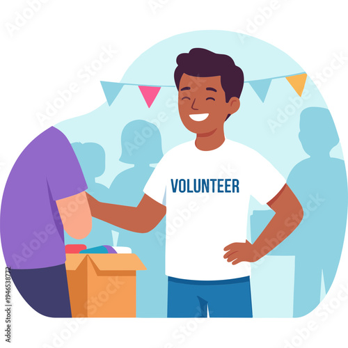 A volunteer hands a donation to a person at a community event.