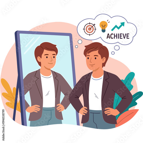 Man looking at himself in a mirror with a thought bubble showing achieve.