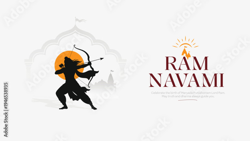 Ram Navami Banner With Lord Rama Archer Silhouette And Temple Background