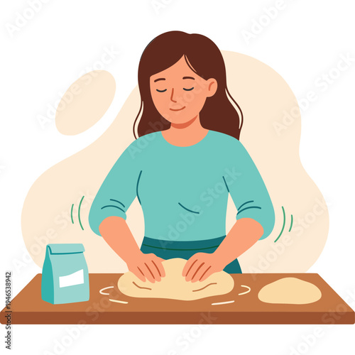 Woman kneading dough on kitchen table with flour bag nearby indoors
