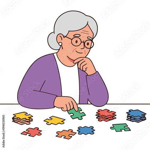 An elderly woman is assembling a puzzle with colorful pieces on a table.