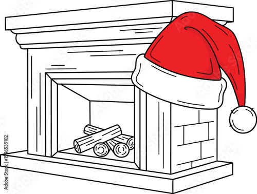 Festive santa hat hanging on a cozy fireplace with stacked firewood inside