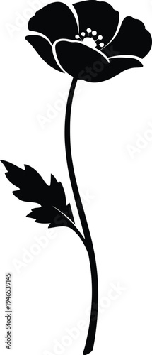 Black poppy flower silhouette with leaf