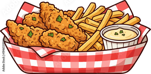 Fried Chicken Tenders with French Fries and Creamy Dipping Sauce in Red Checkered Basket – Cute Vector Food Illustration