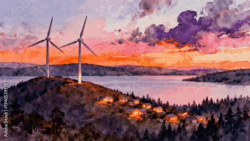 Simple Wind Turbine Clean Energy Village isolated watercolor vector illustration svg