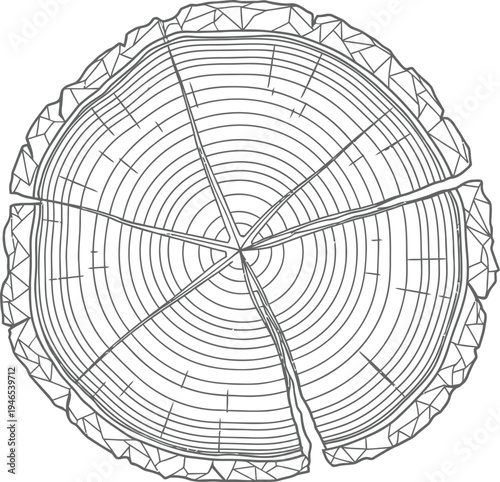 Detailed illustration of a tree trunk cross-section with growth rings and bark